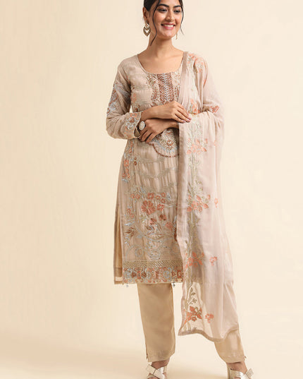 Beige Faux Georgette Embroidered Pant Kameez Suit