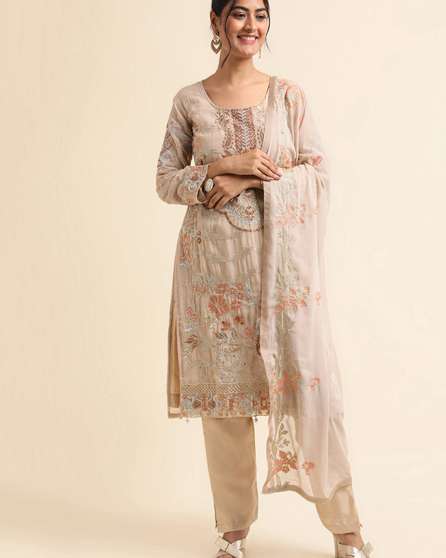 Beige Faux Georgette Embroidered Pant Kameez Suit
