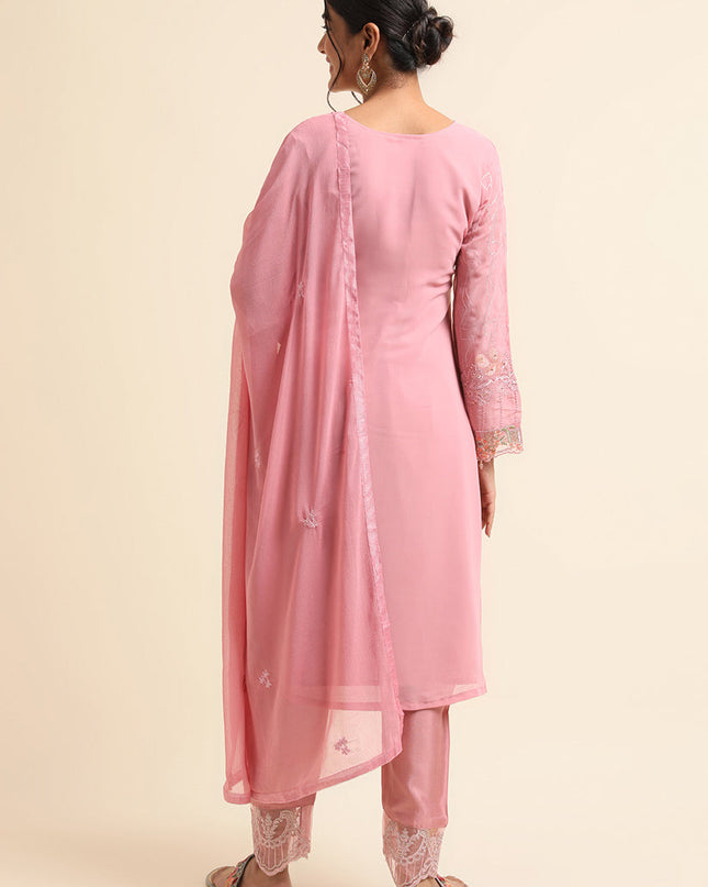 Pink Faux Georgette Embroidered Pant Kameez Suit