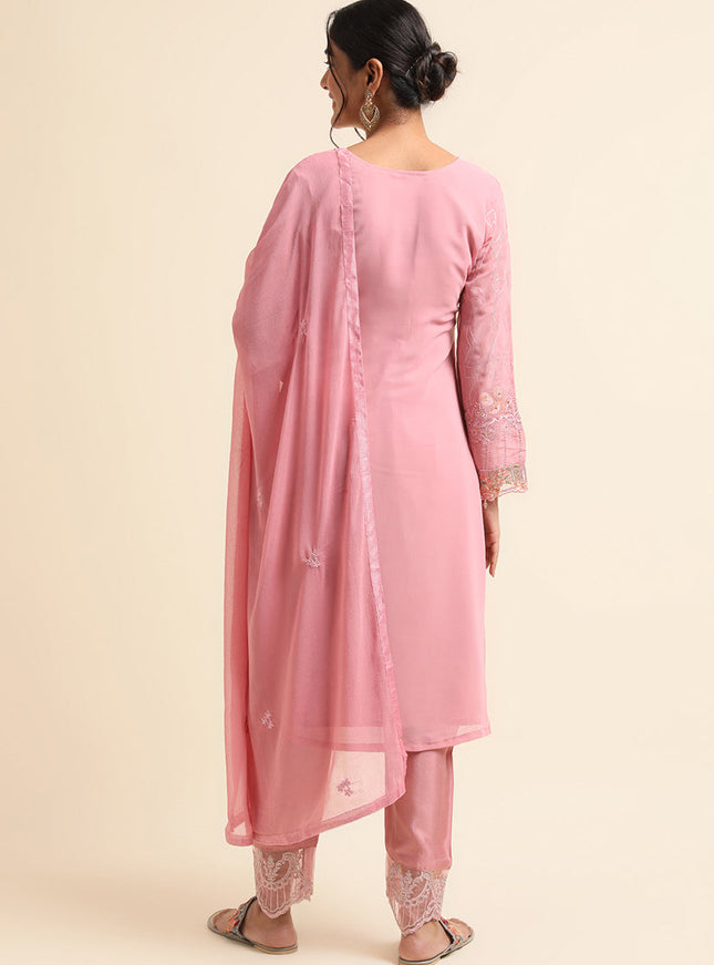 Pink Faux Georgette Embroidered Pant Kameez Suit