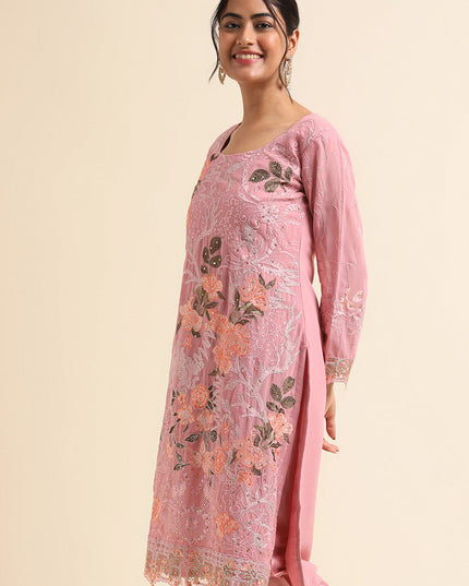 Pink Faux Georgette Embroidered Pant Kameez Suit