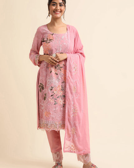 Pink Faux Georgette Embroidered Pant Kameez Suit