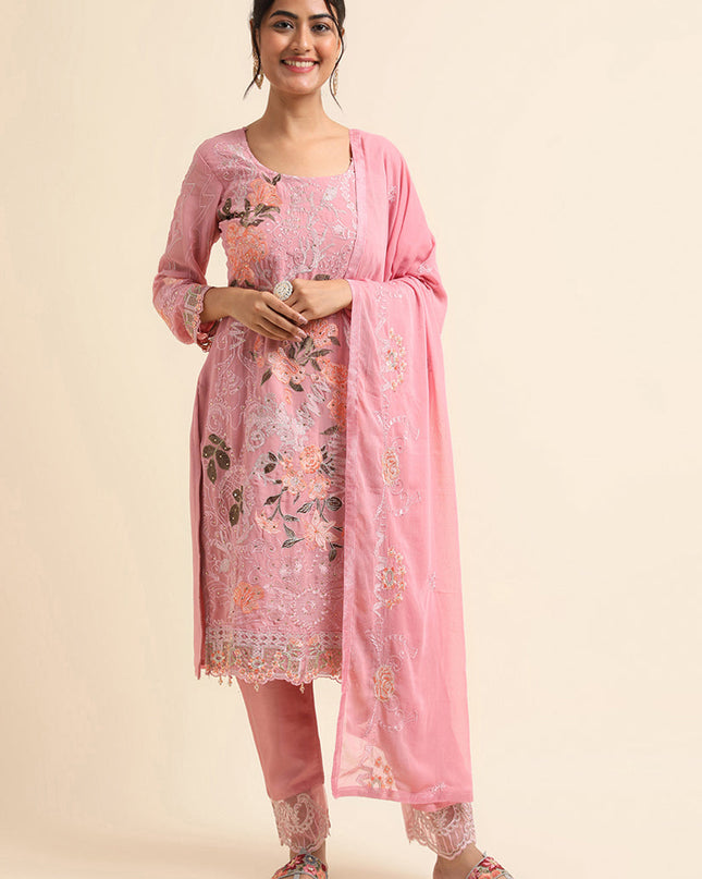 Pink Faux Georgette Embroidered Pant Kameez Suit