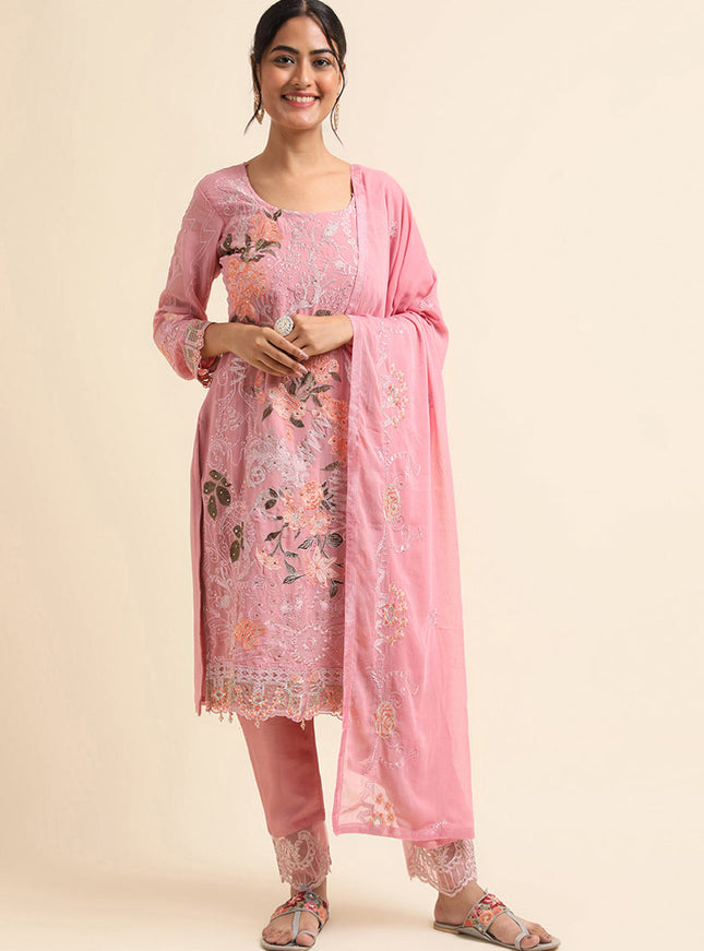Pink Faux Georgette Embroidered Pant Kameez Suit