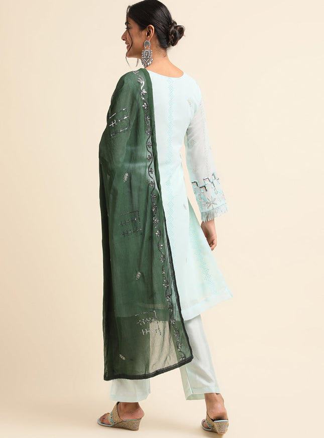 Sky Blue Faux Georgette Embroidered Pant Kameez Suit