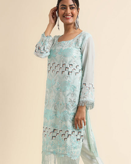 Sky Blue Faux Georgette Embroidered Pant Kameez Suit