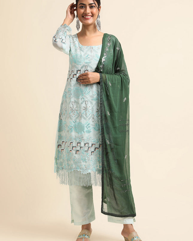 Sky Blue Faux Georgette Embroidered Pant Kameez Suit