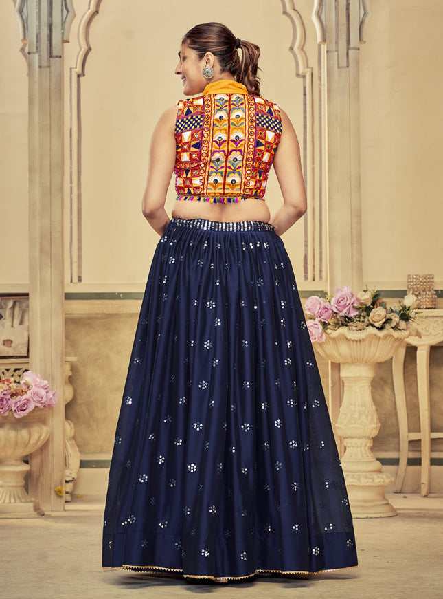 Midnight Blue Silk Embellished Chaniya Choli