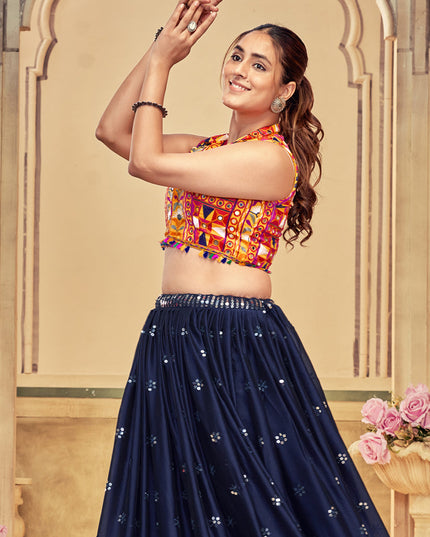 Midnight Blue Silk Embellished Chaniya Choli