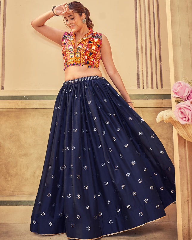 Midnight Blue Silk Embellished Chaniya Choli