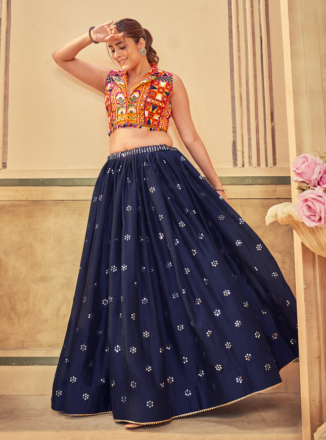 Midnight Blue Silk Embellished Chaniya Choli