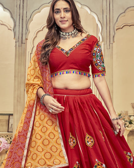 Crimson Red Cotton Silk Gamthi Work Chaniya Choli