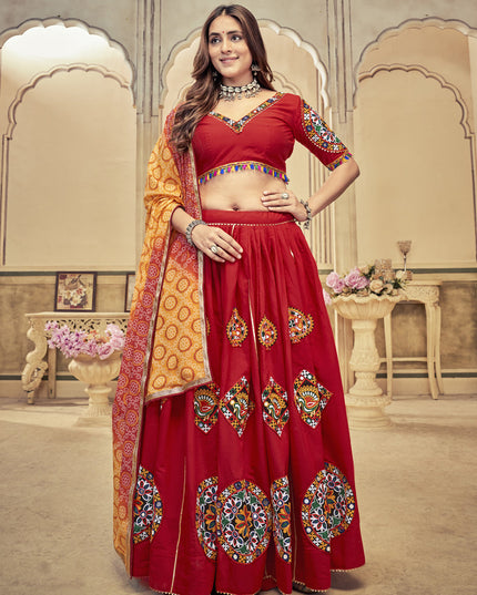 Crimson Red Cotton Silk Gamthi Work Chaniya Choli