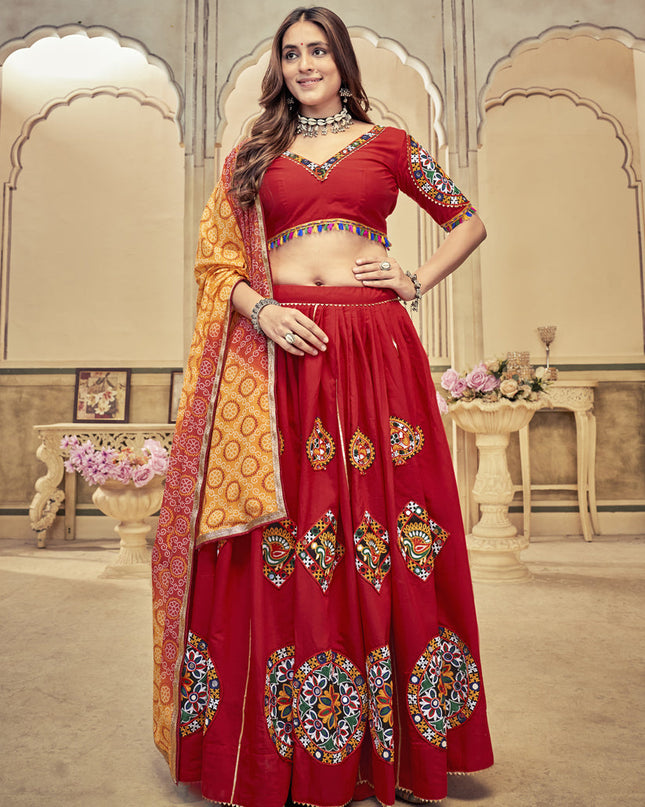 Crimson Red Cotton Silk Gamthi Work Chaniya Choli