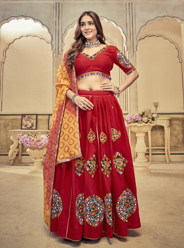 Crimson Red Cotton Silk Gamthi Work Chaniya Choli