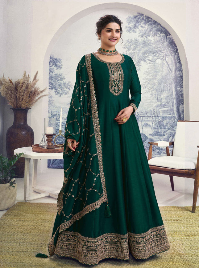 Prachi Desai Pine Green Georgette Silk Embroidered Designer Anarkali Dress