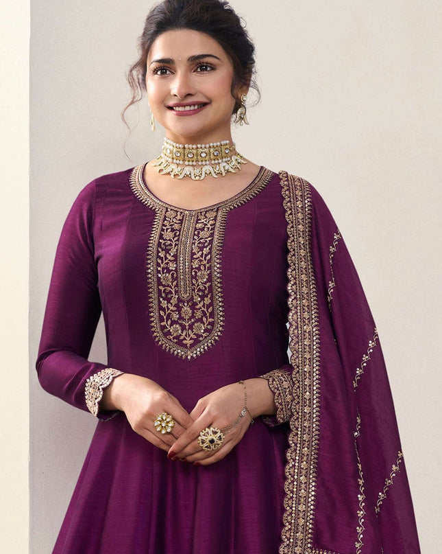 Prachi Desai Wine Georgette Silk Embroidered Designer Anarkali Dress
