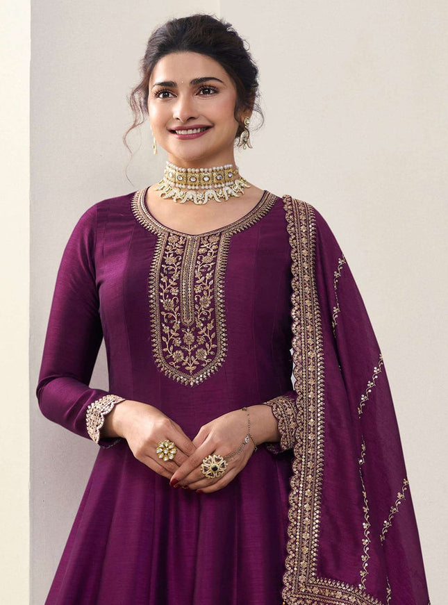 Prachi Desai Wine Georgette Silk Embroidered Designer Anarkali Dress
