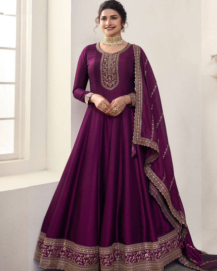 Prachi Desai Wine Georgette Silk Embroidered Designer Anarkali Dress