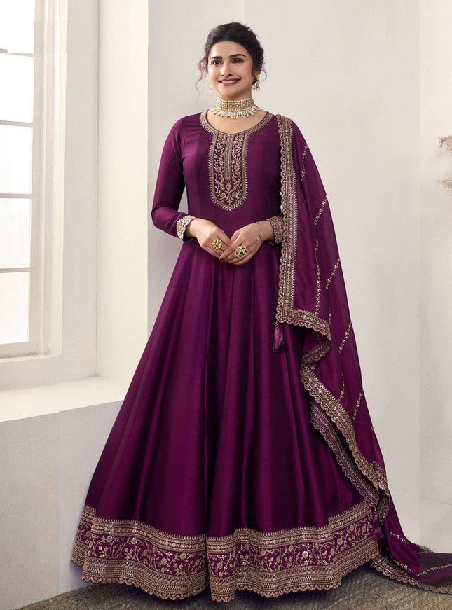 Prachi Desai Wine Georgette Silk Embroidered Designer Anarkali Dress