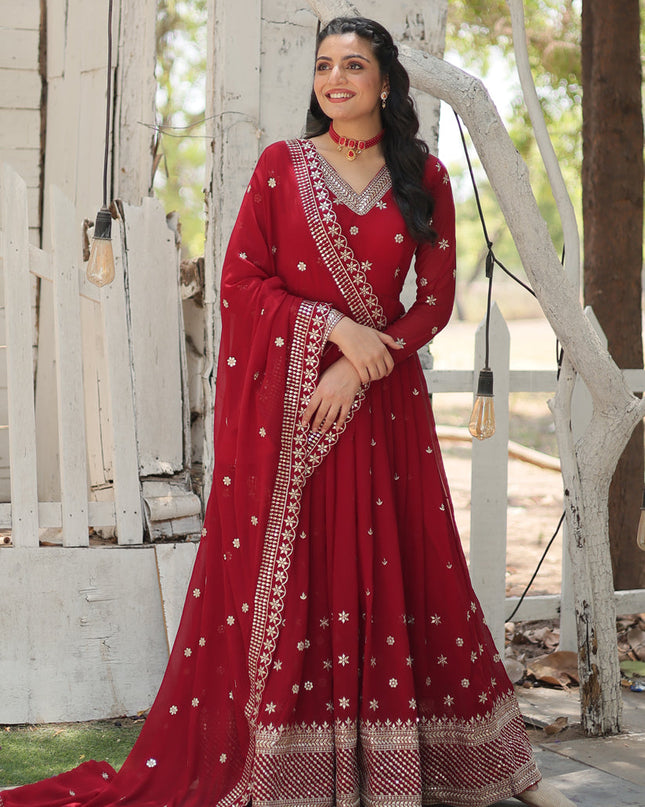 Maroon Faux Georgette Embroidered Gown with Dupatta