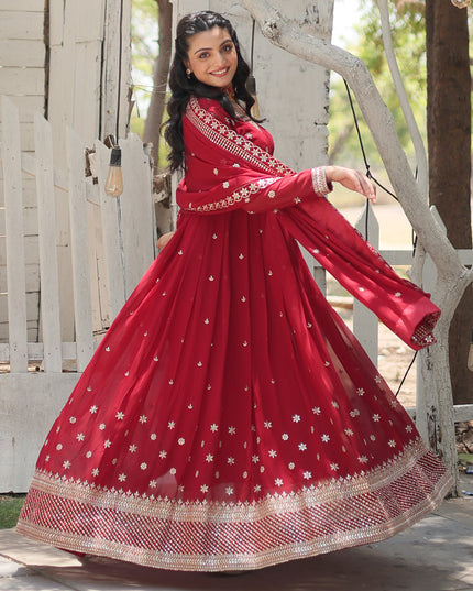 Maroon Faux Georgette Embroidered Gown with Dupatta