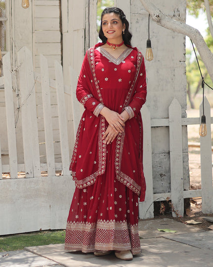 Maroon Faux Georgette Embroidered Gown with Dupatta