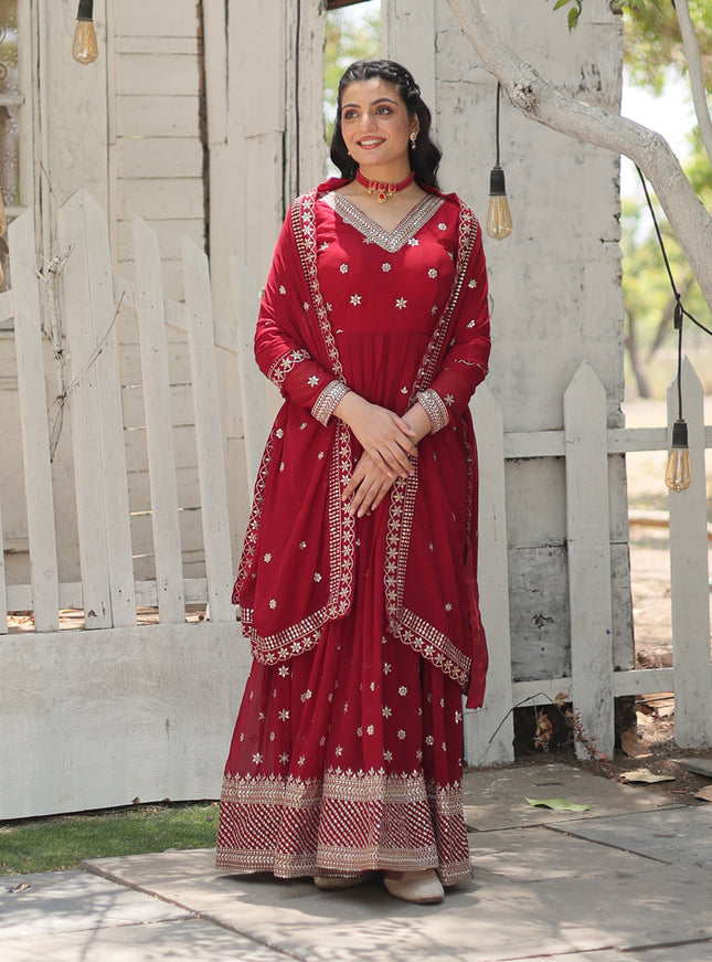 Maroon Faux Georgette Embroidered Gown with Dupatta