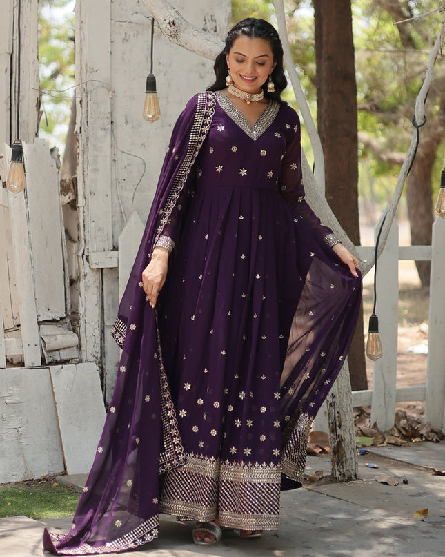Purple Faux Georgette Embroidered Gown with Dupatta