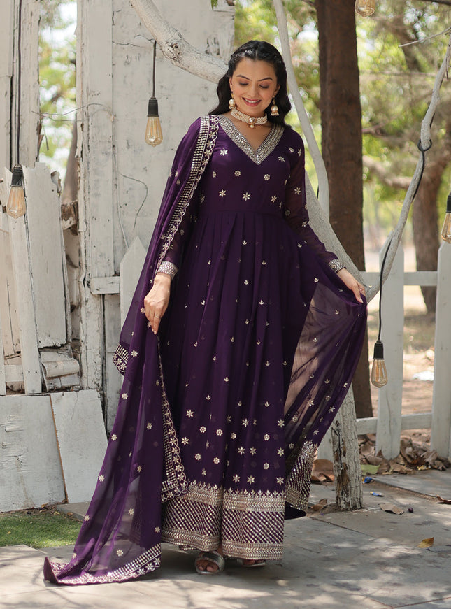 Purple Faux Georgette Embroidered Gown with Dupatta