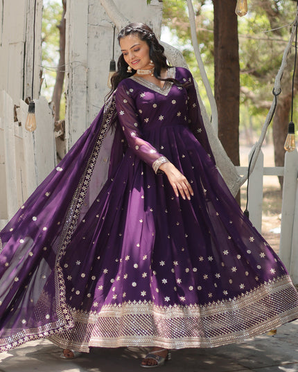 Purple Faux Georgette Embroidered Gown with Dupatta