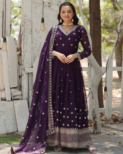 Purple Faux Georgette Embroidered Gown with Dupatta