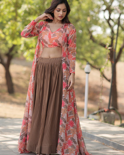 Snuff Brown Faux Georgette Lehenga with Digital Flower Print Choli and Shrug