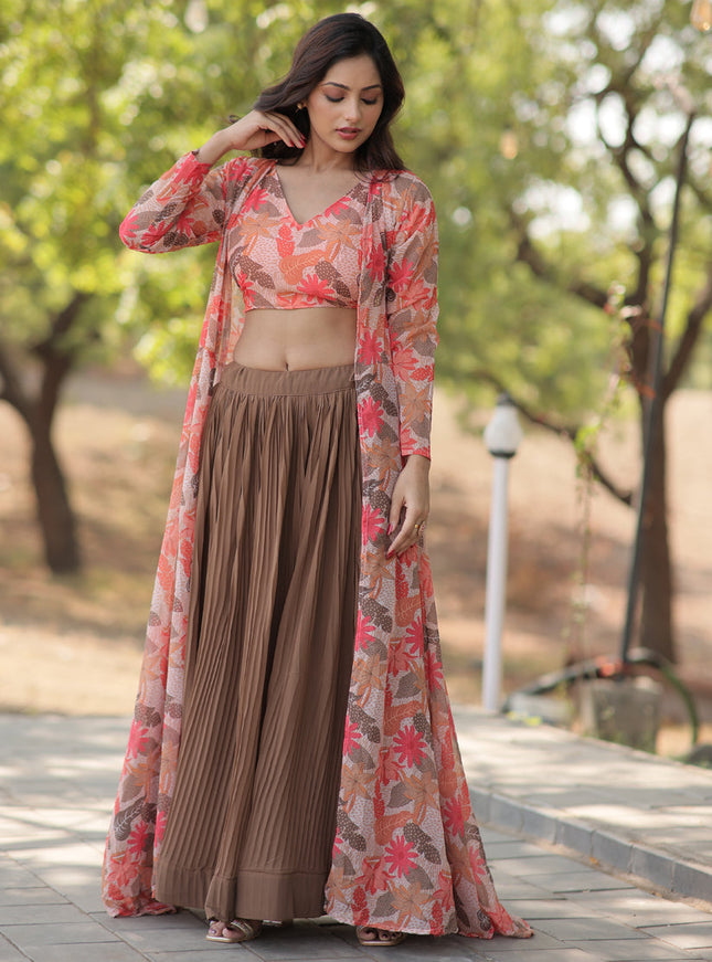 Snuff Brown Faux Georgette Lehenga with Digital Flower Print Choli and Shrug