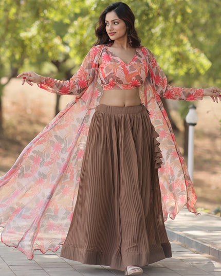 Snuff Brown Faux Georgette Lehenga with Digital Flower Print Choli and Shrug