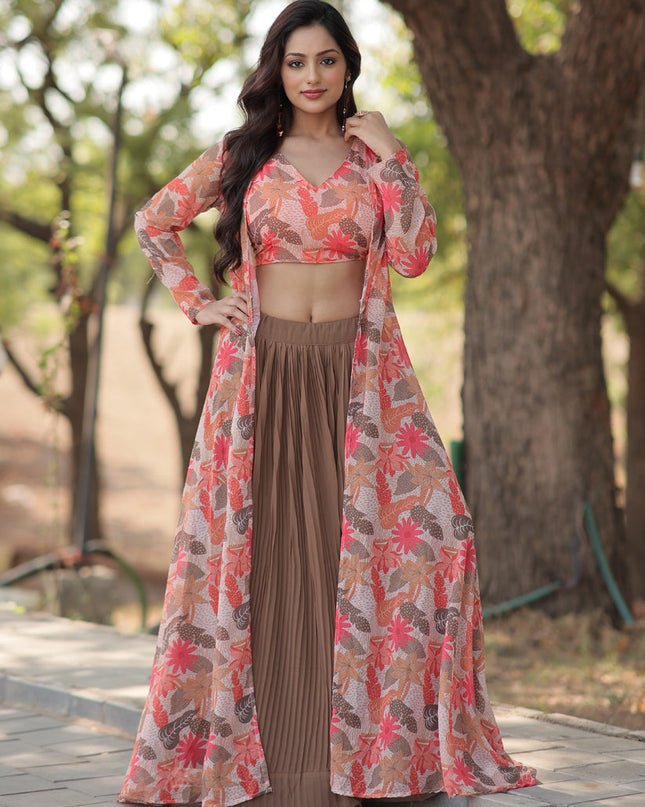 Snuff Brown Faux Georgette Lehenga with Digital Flower Print Choli and Shrug