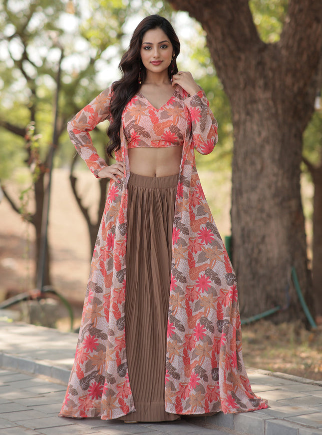 Snuff Brown Faux Georgette Lehenga with Digital Flower Print Choli and Shrug