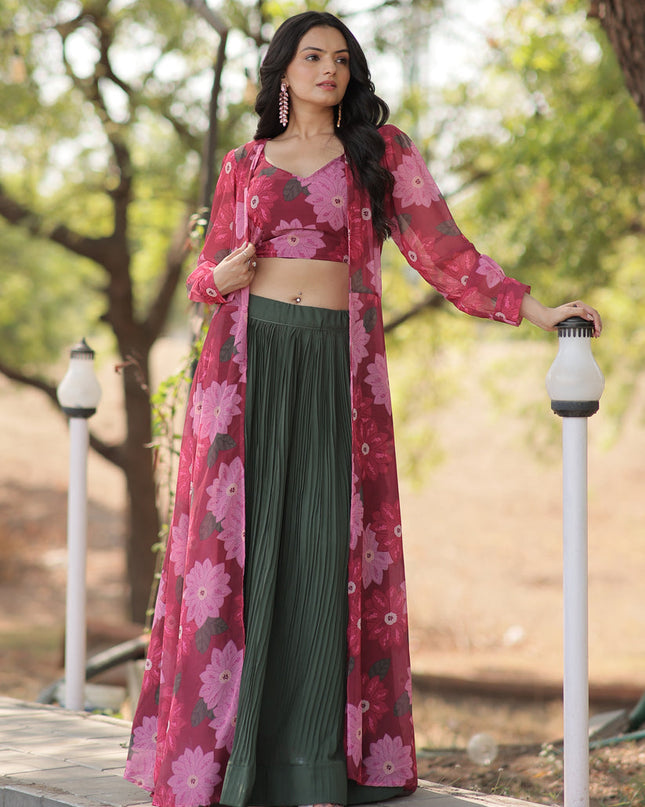 Green Faux Georgette Lehenga with Digital Flower Print Choli and Shrug