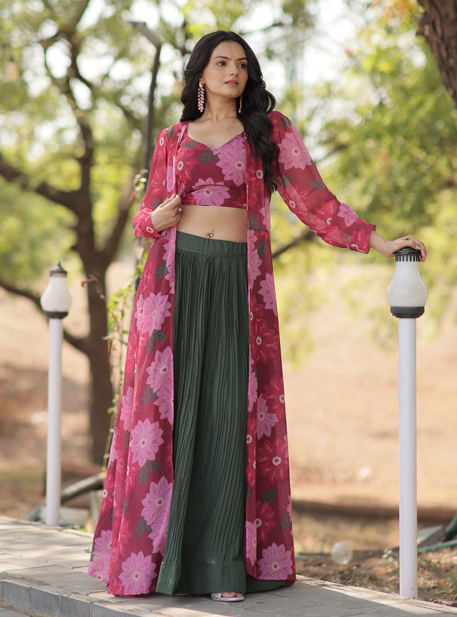 Green Faux Georgette Lehenga with Digital Flower Print Choli and Shrug