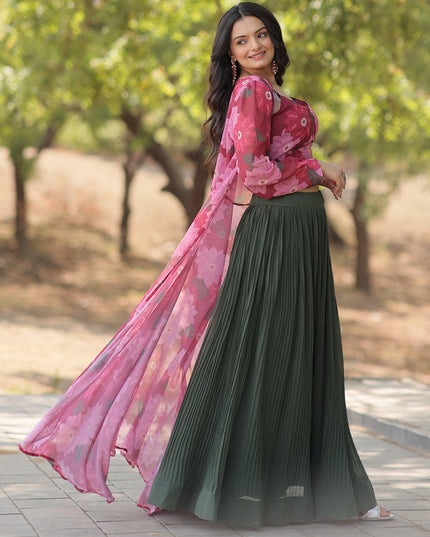 Green Faux Georgette Lehenga with Digital Flower Print Choli and Shrug