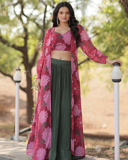 Green Faux Georgette Lehenga with Digital Flower Print Choli and Shrug