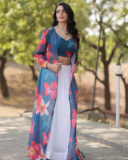 White Faux Georgette Lehenga with Digital Flower Print Choli and Shrug