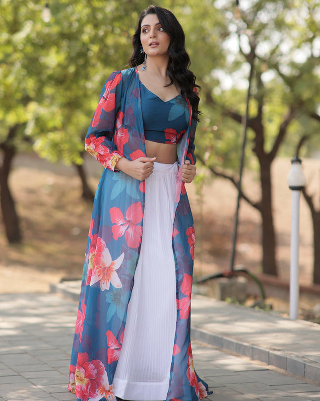 White Faux Georgette Lehenga with Digital Flower Print Choli and Shrug