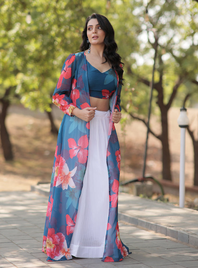 White Faux Georgette Lehenga with Digital Flower Print Choli and Shrug