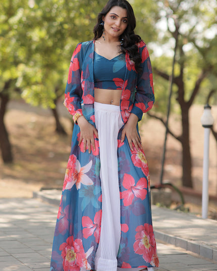 White Faux Georgette Lehenga with Digital Flower Print Choli and Shrug