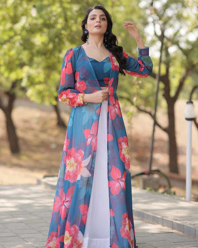 White Faux Georgette Lehenga with Digital Flower Print Choli and Shrug