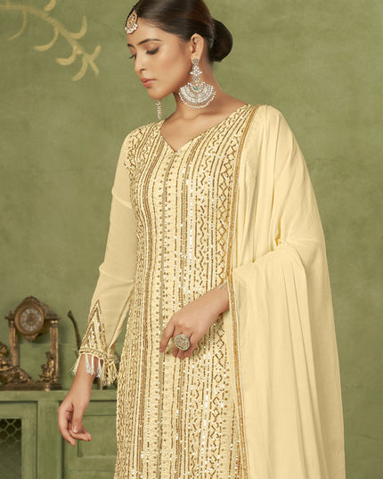 Beige Georgette Embroidered Palazzo Suit