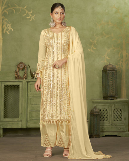 Beige Georgette Embroidered Palazzo Suit
