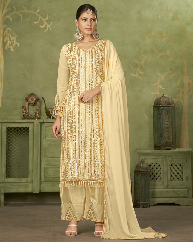 Beige Georgette Embroidered Palazzo Suit