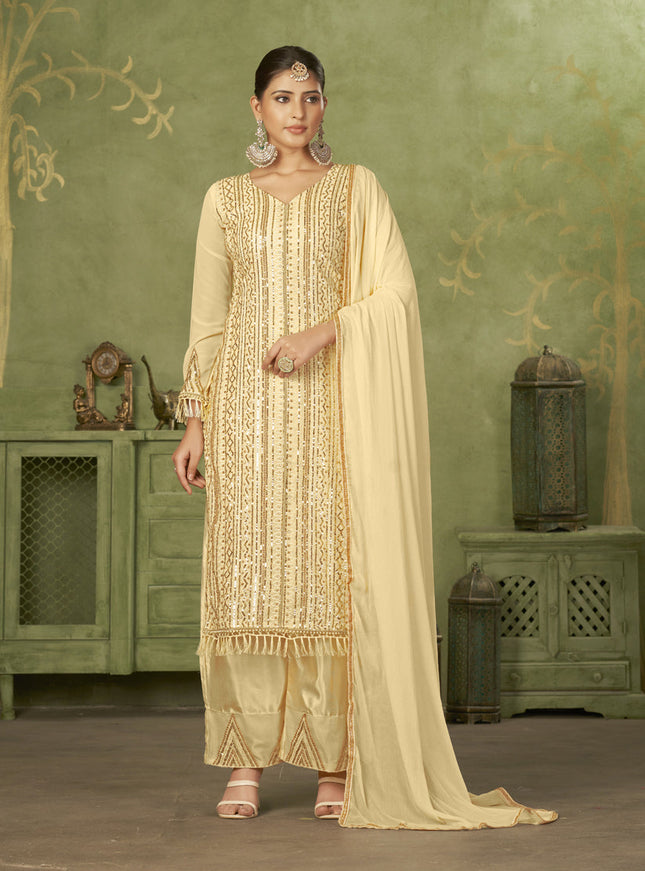 Beige Georgette Embroidered Palazzo Suit